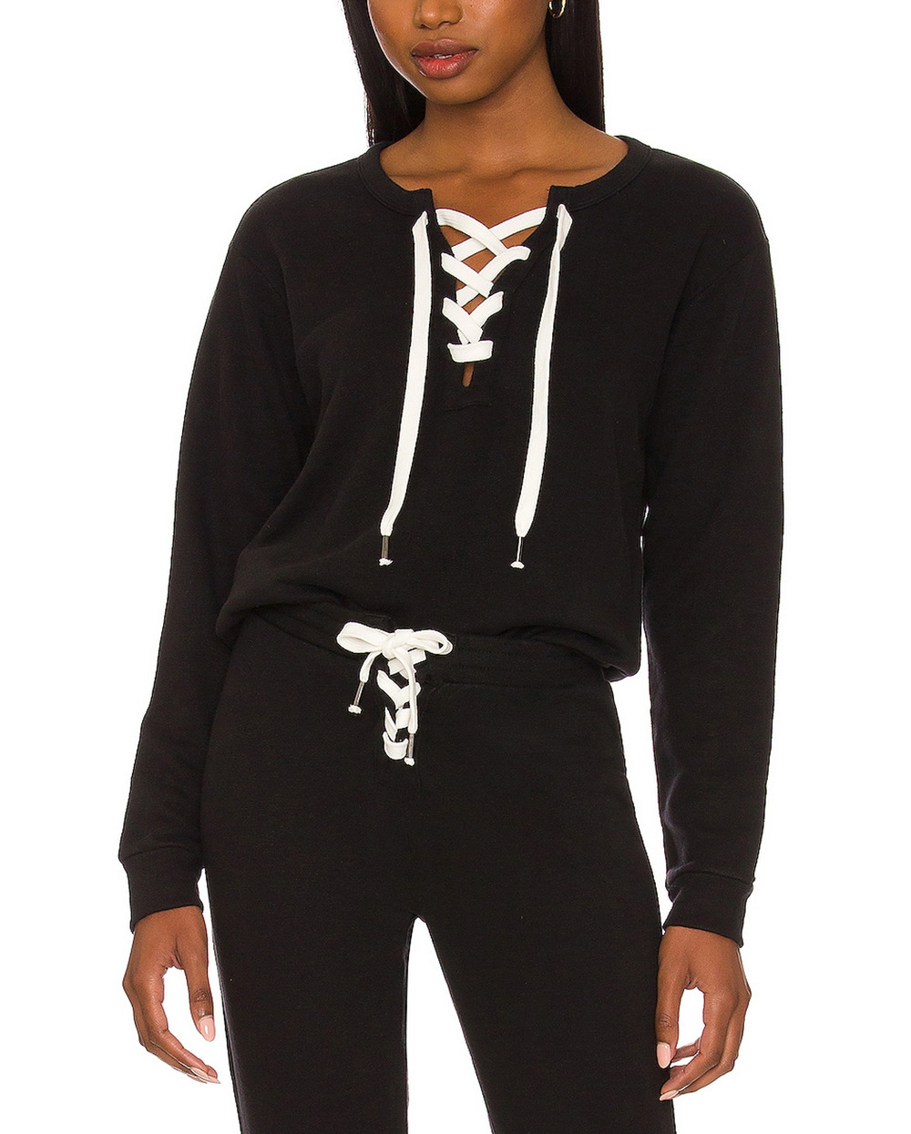 Chaser Cozy True Black Lace Up Neck Sweatshirt Size L - Picture 1 of 5